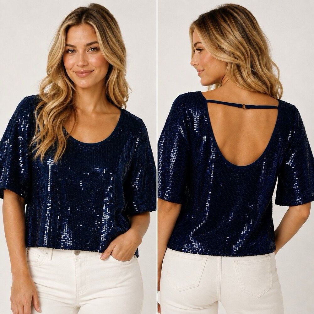 Free People Night Fever Sequin Top XS Navy Open Back Flutter Sleeve NWT